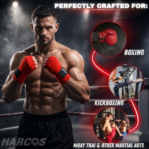 Harcos Boxing Hand Wraps 3.5M / 140 Inches – Soft Semi-Elastic MMA Hand Wraps with Wrist Support for Muay Thai, Kickboxing & Training – Thumb Loop & Hook-and-Loop Closure - color: Red