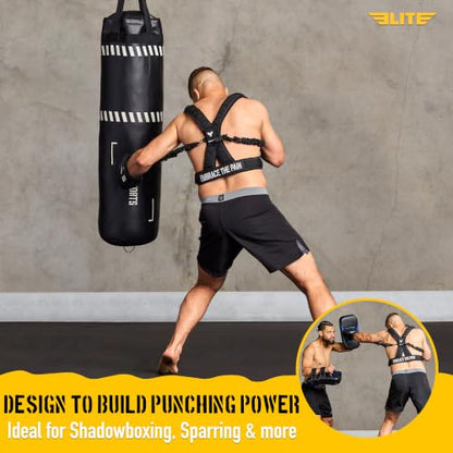 Elite Sports Adult Boxing Harness with 12oz Gloves – Adjustable Resistance Bands (3 Levels), Stability Strap, Padded Back & Shoulder, Ballistic Nylon, Quick-Release Buckle – Training & Workout Gear