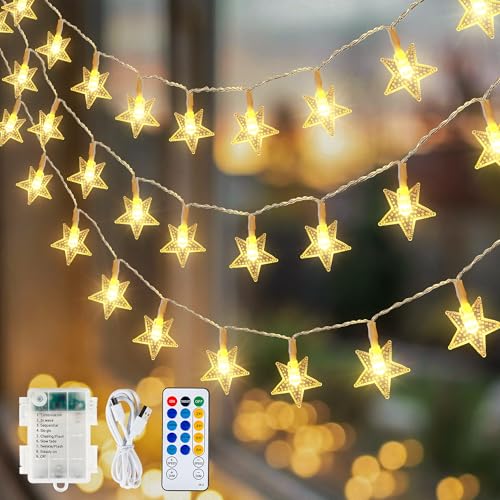 HEYFUNi Warm White Star String Lights with Remote, 16ft 50 LED | Cute Fairy Lights USB & Battery Operated, 8 Modes & Timer, Waterproof Hanging Star Decor for Bedroom, Nursery, Dorm Decor - color: Warm White, size: 50 LED-Battery&USB