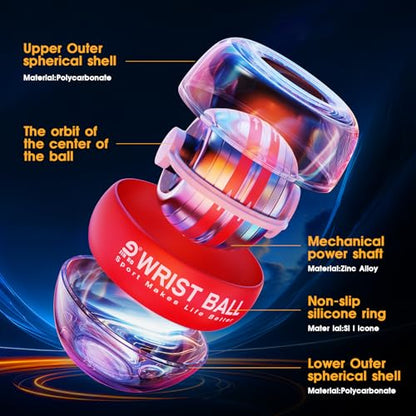 JIN BD Auto-Start Gyro Ball Wrist Trainer, Gyroscopic Forearm Exerciser for Strengthening Arms, Fingers and Muscles - color: Light Red Transparent with Colorful Lights