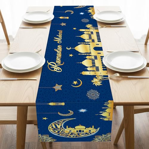 Ramadan Table Runner Blue Gold Moon and Star Ramadan Decorations for Home Eid Mubarak Festival Ramadan Runner Islamic Mosque Lantern Print Door Garland Placemat Holiday Dining Party Table 13 X 72 Inch