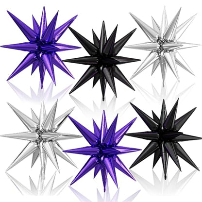 Black Purple Silver Star Balloons, 6PCS 22 Inch Foil Explosion Star Balloon - color: Black Purple Silver