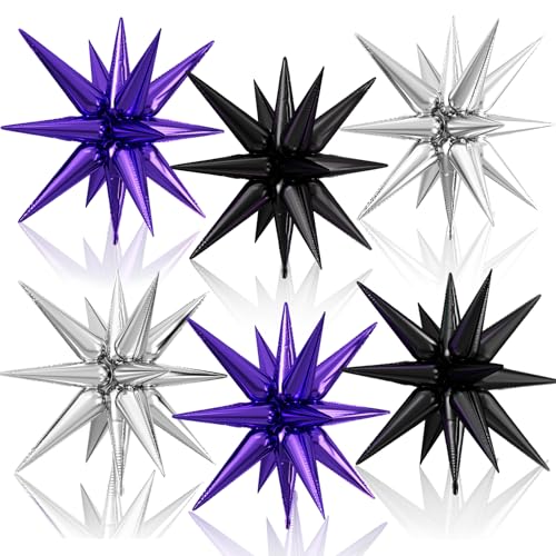 Black Purple Silver Star Balloons, 6PCS 22 Inch Foil Explosion Star Balloon - color: Black Purple Silver