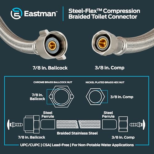 Eastman 20 Inch Flexible Toilet Connector, Stainless Steel Braided Hose with 7/8 Inch Ballcock Nuts, 3/8 Inch Compression, 48090 - size: 20 in. L x 7/8 in. B/C x 3/8 in. Comp
