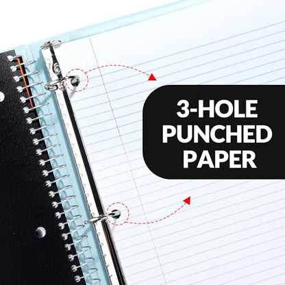 SUNEE 5 Subject Notebook College Ruled - 400 Pages, 9"x11", 5 Pocket Colored Dividers, 3-Hole Punched Paper, Black - color: Black, style: College Ruled