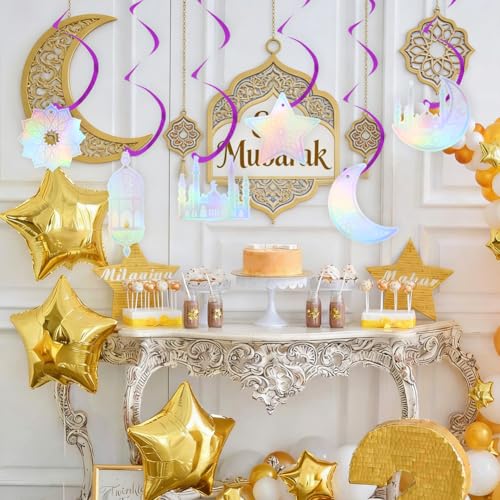 6 Pcs Iridescent Eid Mubarak Hanging Swirls, Sparkling Metallic Ceiling Streamers Garland with Crescent Moon Star Castle Lantern Pattern for Islamic Muslim Ramadan Eid al-Adha Party Decoration