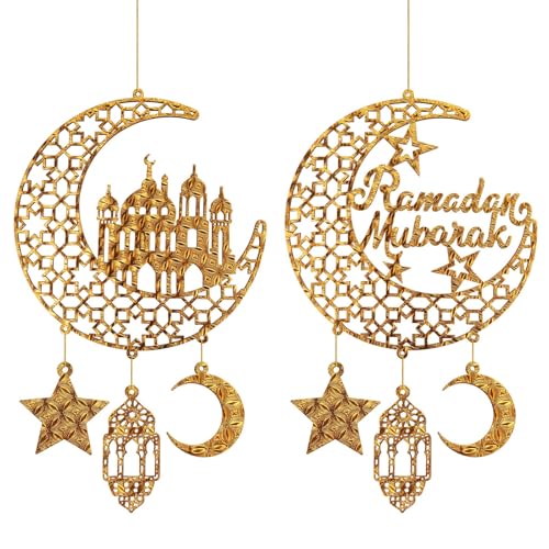 2Pack Ramadan Ornament Decorations Eid Mubarak Hanging Pendant Ornaments Iislamic Wall Decorations for Home Gold House Ornaments Ramadan Party Supplies - color: Gold House