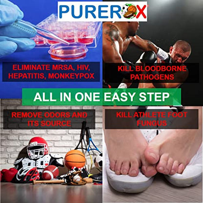 PUREROX Disinfectant. Sports and Fitness. Eliminate 99.9999% MRSA, Bloodborne Pathogens, Viruses, HIV, Bacteria, Athlete Foot Fungus. Anywhere in Gym, Fitness Center. No Residue. Suitable All Surfaces