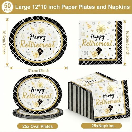 Dereinwo 50 Pcs Retirement Large 12" x 10" Oval Paper Plates and Napkins Disposable Heavy Duty Paper Plates and Napkins for Retirement Party Supplies - style: Retirement