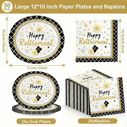 Dereinwo 50 Pcs Retirement Large 12" x 10" Oval Paper Plates and Napkins Disposable Heavy Duty Paper Plates and Napkins for Retirement Party Supplies - style: Retirement