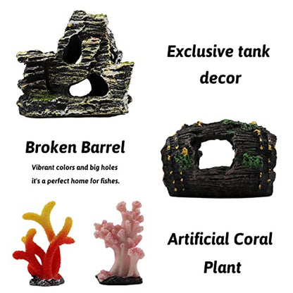 Fish Tank Decorations Plants with Resin Broken Barrel and Cave Rock View, 15pcs Aquarium Decorations Plants Plastic,Fish Tank Accessories, Fish Cave and Hideout Ornaments, Aquarium Decor