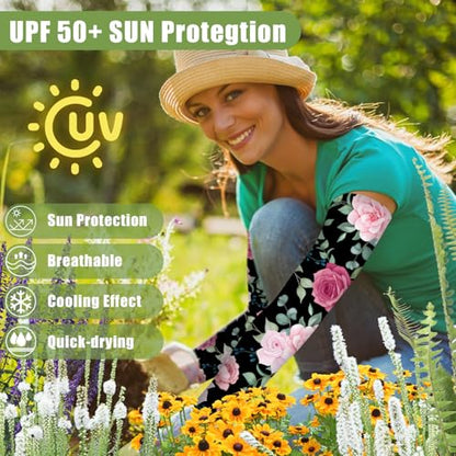 Bebila Gardening Sleeves for Women Farm UV Sun Protection Anti-Scratch Cooling Sleeves with Thumb Hole Arms Cover Outdoors - color: Black Rose