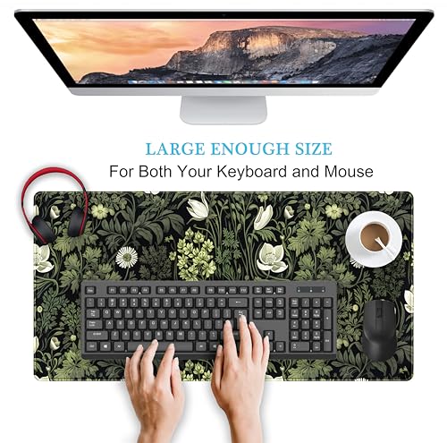 Dark Green Floral Plants XXL Gaming Mousepad & Desk Pad - Nature Leaf Flower Laptop Keyboard Mat 31.5 x 15.75 - color: Dark Green Floral Plants