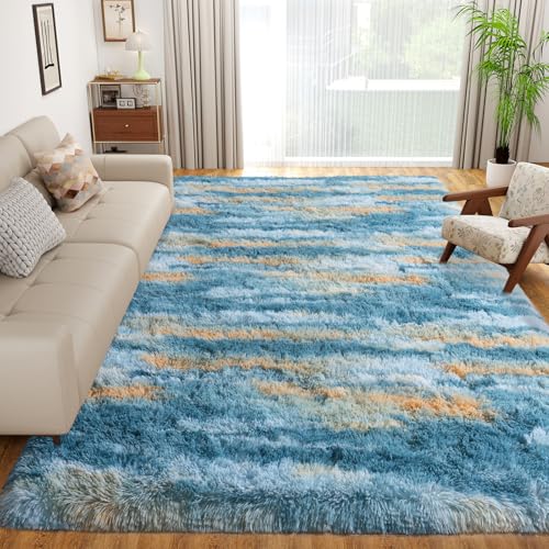 Dssimo Blue and Yellow Rugs for Living Room Bedroom, 5x7 Shaggy Area Rug - color: Blue and Yellow, size: 5' x 7' (Rectangular)