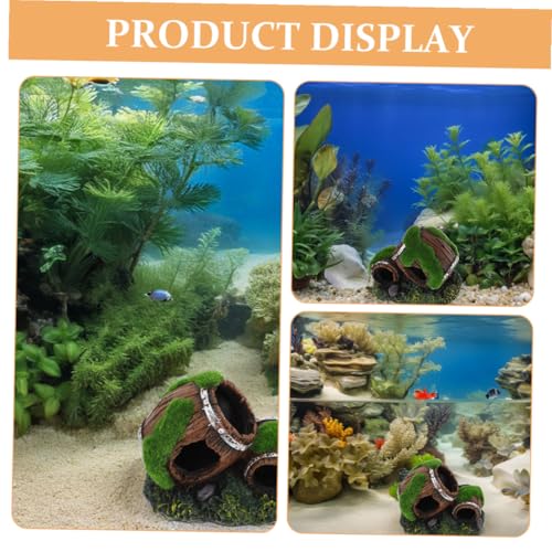Resin Broken Barrel Aquarium Ornament with Moss Betta Fish Shrimp Hiding House Freshwater Shrimp Cave Fish Tank Decoration for Aquatic Pets