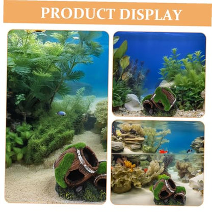 Resin Broken Barrel Aquarium Ornament with Moss Betta Fish Shrimp Hiding House Freshwater Shrimp Cave Fish Tank Decoration for Aquatic Pets