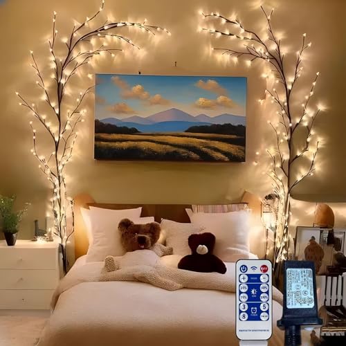 2PCS Enchanted Willow Vine Lights for Home Decor,Flexible DIY Lighted Branches with Remote On/Off Timer Dimmer,7.5FT Lighted Willow Vine 144LEDs for Bedroom Aesthetic Living Room Decor,Brown - color: Brown-2PCS