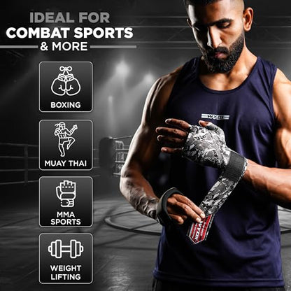 WYOX Boxing Hand Wraps & Gel Knuckle Guards Set for MMA, Muay Thai & Kickboxing - 2 Pair Hand Wraps + 1 Pair Knuckle Guards - Hand Wrist Protection for Men & Women Training - color: Grey/Black