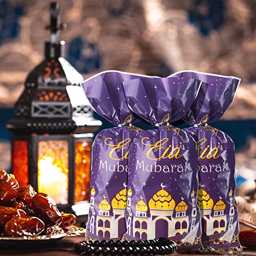Blulu 100 Pcs Eid Mubarak Party Treat Bags, Ramadan Theme Printed Pattern Gift Cellophane Clear Plastic Goodie Favor Bags with Silver Twist Ties for Eid Mubarak Party (Purple Gold)