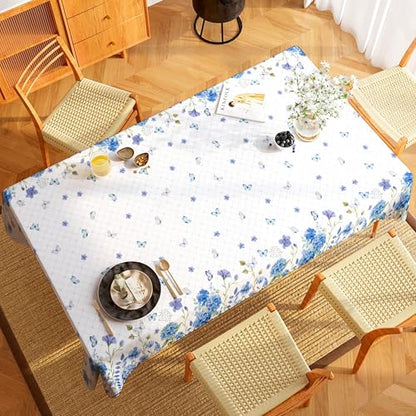 1Pc Blue Hydrangeas Flowers Party Plastic Tablecloth 54 x 87 Inch Long Table Cover, Spring Butterfly Party Tablecover for Floral Theme Kids Baby Shower Birthday Dinner Picnic Kitchen Event - color: Blue Hydrangeas