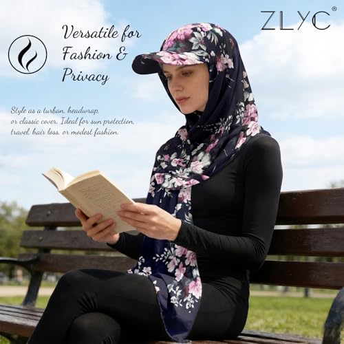 ZLYC Women Muslim Hijab Scarf with Visor Built-in Undercap Sun Protection Headwrap - color: Floral Navy