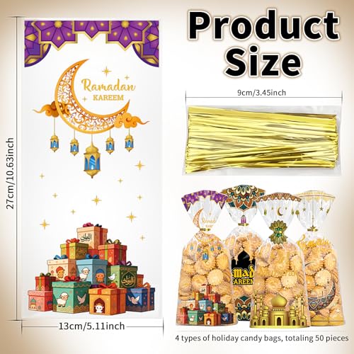 Totelux Eid Mubarak Cellophane Goodie Bags Clear Plastic Bag Ramadan kareem Treat Bags with Ties for Cookies Candy Gift Wrapping Muslim Eid Party Favor Supplies 50PCS