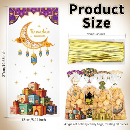 Totelux Eid Mubarak Cellophane Goodie Bags Clear Plastic Bag Ramadan kareem Treat Bags with Ties for Cookies Candy Gift Wrapping Muslim Eid Party Favor Supplies 50PCS