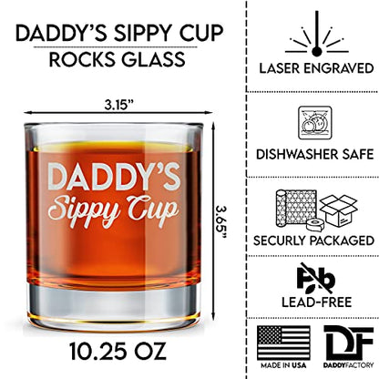 Daddy's Sippy Cup, Fathers Day Gift for Dad, Husband, Father - Whiskey Glass - New Dad Gifts - 10.25 oz Engraved Old Fashioned Rocks Glass for Expecting Father