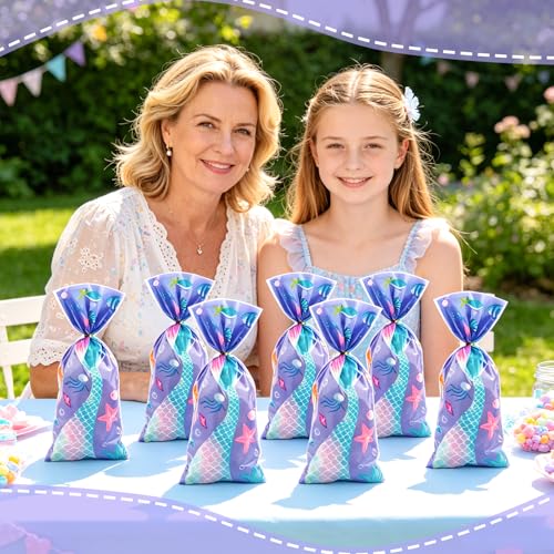 LERCTH 50 PCS Mermaid Gift Bags with Twist Ties - 4.9x10.7 Inch Treat Bags, Mermaid Tail Design Party Favor Bags for Mermaid Theme Party, Ocean Birthday, Summer Pool Party & Beach Events - color: Mermaid goodie bags 50packs
