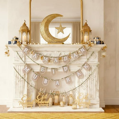 Marsui 4 Pcs Ramadan Eid Mubarak Wood Bead Garland Eid Mubarak Ramadan Hanging Banner Garland Farmhouse Wooden Rustic Neutral Hanging Decor for Party Fireplace Home Wall Sign Decoration - size: Ramadan