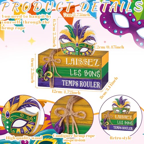 4 Pcs Mardi Gras Decorations for Home Mardi Gras Centerpieces Masquerade Masks Table Decorations Farmhouse Wooden Tabletop Blocks Sign for Rustic Tiered Tray Shelf Office Carnival - style: Carnival
