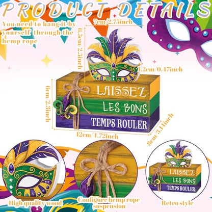 4 Pcs Mardi Gras Decorations for Home Mardi Gras Centerpieces Masquerade Masks Table Decorations Farmhouse Wooden Tabletop Blocks Sign for Rustic Tiered Tray Shelf Office Carnival - style: Carnival