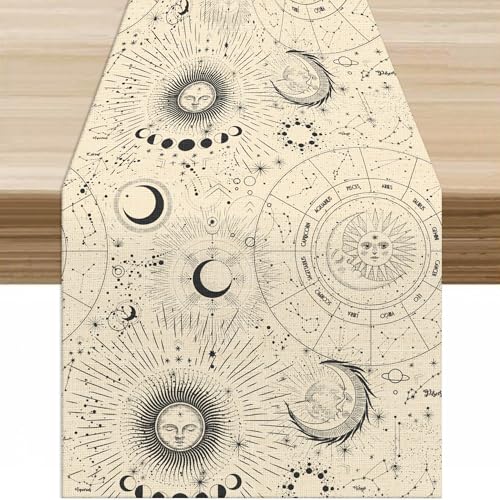 Moon Phase Table Runner,Vintage Brown Abstract Geometric Gothic Tarot Sun Moon Constellation Cosmos Table Decor Table Top Dining Kitchen Wedding Party 13x36 Inch - color: Moon Style, size: W13X L36