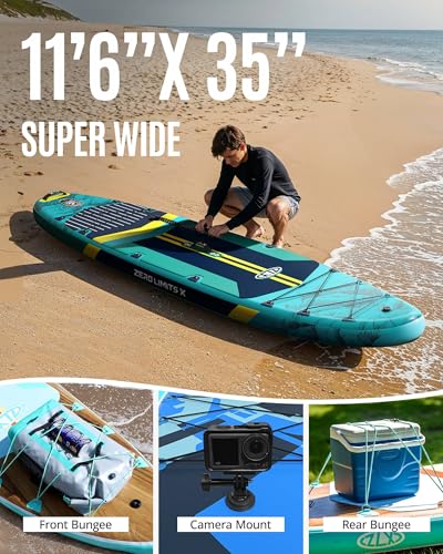 ZLX 11'6"x35" Ultra Wide Inflatable Stand Up Paddle Board | Stable Non-Slip Deck Pad, Unique Fin System, Premium SUP Accessories & Backpack - Upgraded Pump for Adults, All Skill Levels - color: Mint Green