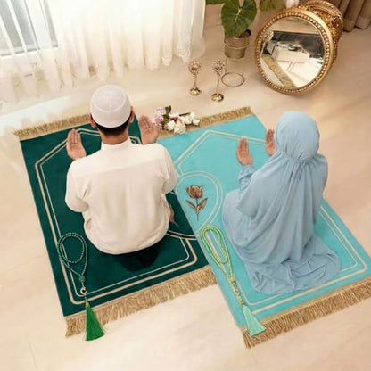 Drydiet 2 Pcs Muslim Couple Prayer Rug Set Heart Design with 2 Pcs Prayer Beads Islamic Muslim Gift Green Travel Mat Soft Velvet Mat for Couple Women Men Ramadan Eid Wedding Birthday - color: Sea Green