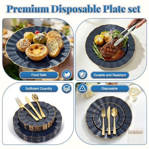 Glowserve 175 Piece Disposable Plastic Plates Dinnerware Set for 25 Guests - color: Navy Blue