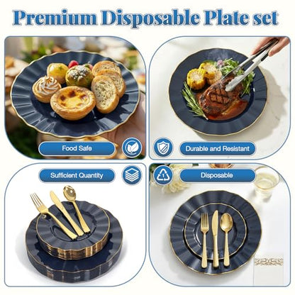 Glowserve 175 Piece Disposable Plastic Plates Dinnerware Set for 25 Guests - color: Navy Blue