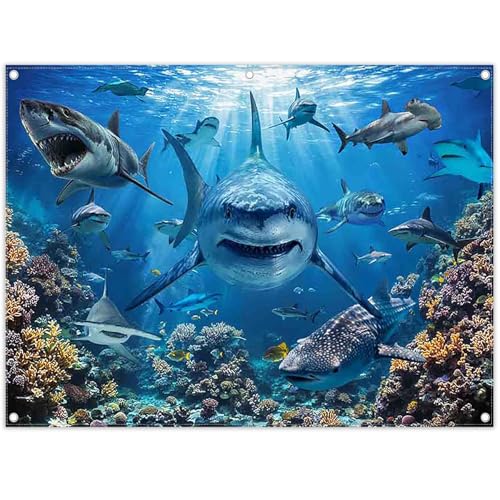 8x6ft Shark Theme Under the Sea Photography Backdrop | Underwater World, Kids Party Supplies, Aquarium Coral Reef Shallows Banner, Deep Ocean Photo Booth, Polyester, Grommets, 1PC - size: 8'x6'