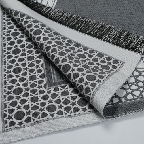 Muslim Prayer Rug and Beads with Elegant Cylinder Gift Box - Portable Chenille Sajjadah for Men Women Kids - Soft Islamic Carpet Mat for Ramadan Eid, Grey - color: Grey