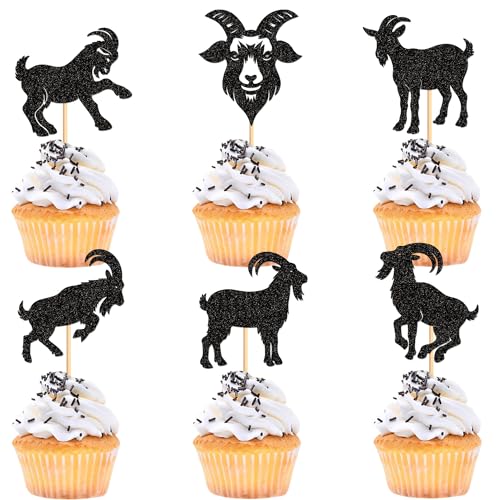 Ercadio 24Pcs Goat Cupcake Toppers Black Glitter Sheep Cupcake Picks Animal Goat Cake Decorations for Baby Shower Kids Birthday Animal Theme Party Decorations Supplies - color: Sheep Black