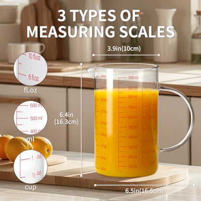 Luvan 34OZ/1000ML Glass Measuring Cup, 4 Cup Glass Measuring Cups With 3 Scales (Ml/Oz/Cup), High Borosilicate Measuring Cup With Handle and V-Shaped Spout, Dishwasher/Freezer/Microwave Safe - color: 34Oz/4Cups/1L