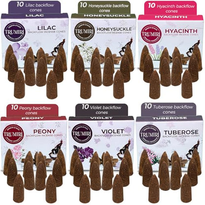 Blossom - Backflow Incense Cones for Waterfall - Scented Inscents-Cones - Peony, Lilac, Hyacinth, Tuberose, Honeysuckle, Violet - Insiensos Aromaticos - 6x10=60 Large Variety Pack - color: Blossom