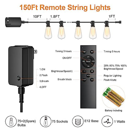 Outdoor String Lights 150FT 75+3 LED, Waterproof Dimmable Patio Lights - size: 150FT(78 Bulbs)