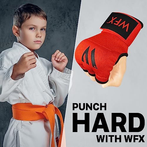 WFX Kids Junior Boxing Hand Wraps Inner Gloves Gel Padded Elasticated Padded Fist Under Gloves Pair Combat Sports for Young Fighters Gel Boxing Hand Wraps - color: Red