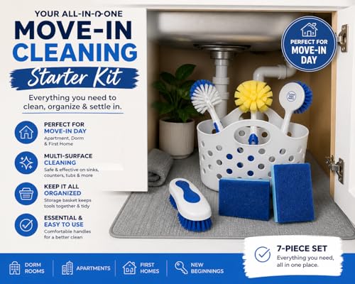Move-in Cleaning Starter Kit – 7-Piece Set with Storage Basket for Apartment, Dorm & First Home