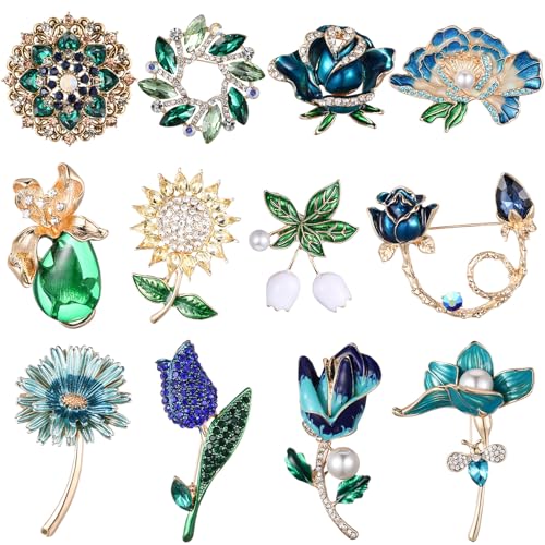 Junkin 12 Pcs Women Brooches Bulk Set Rhinestone Pin Crystal Vintage Brooch Retro Pin Women Girls Gifts for Christmas - style: Flower