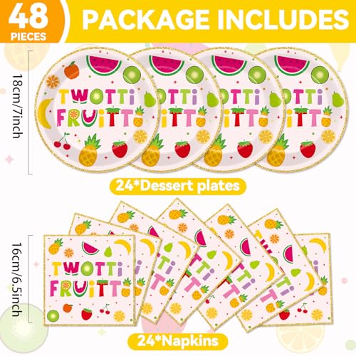 Qyeahkj 48Pcs Twotti Frutti Paper Plates and Napkins Summer Fruit 2nd Birthday Party Decorations Second Birthday Party Supplies Summer Fruit Disposable Tableware Set for Kids Boys Girls Serve 24 - style: Twotti Frutti
