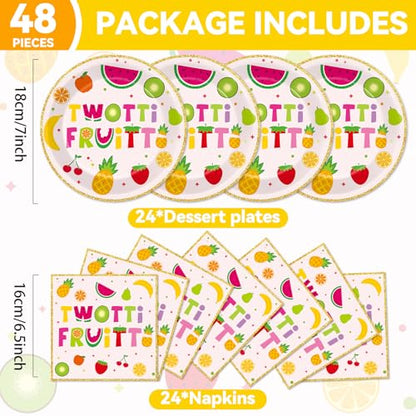 Qyeahkj 48Pcs Twotti Frutti Paper Plates and Napkins Summer Fruit 2nd Birthday Party Decorations Second Birthday Party Supplies Summer Fruit Disposable Tableware Set for Kids Boys Girls Serve 24 - style: Twotti Frutti