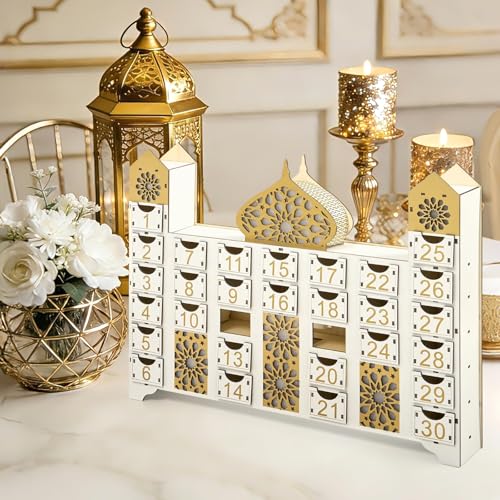 Wooden Ramadan Countdown Calendar, Eid Mubarak Advent Calendar with Drawer, Mosque Shaped Fillable Muslim Ramadan Decoration for Home Holiday Tabletop Decor Gift Party Supply