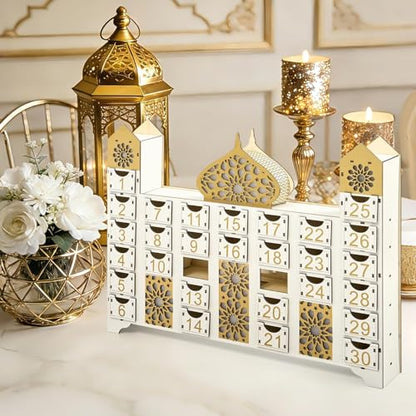 Wooden Ramadan Countdown Calendar, Eid Mubarak Advent Calendar with Drawer, Mosque Shaped Fillable Muslim Ramadan Decoration for Home Holiday Tabletop Decor Gift Party Supply